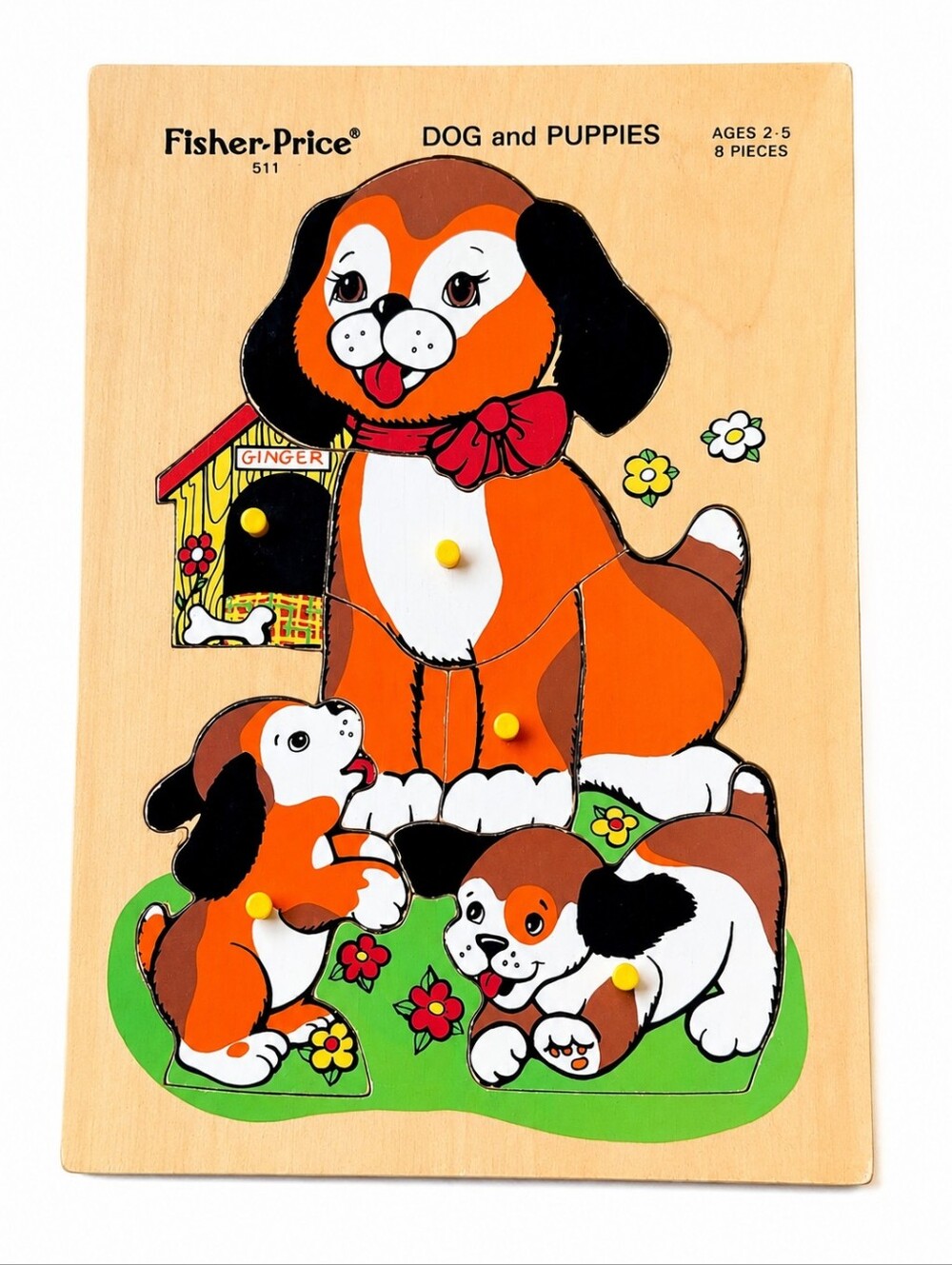 Fisher-Price Dog and Puppies Wooden Peg Puzzle #511 Vintage 8 Piece Ages 2–5